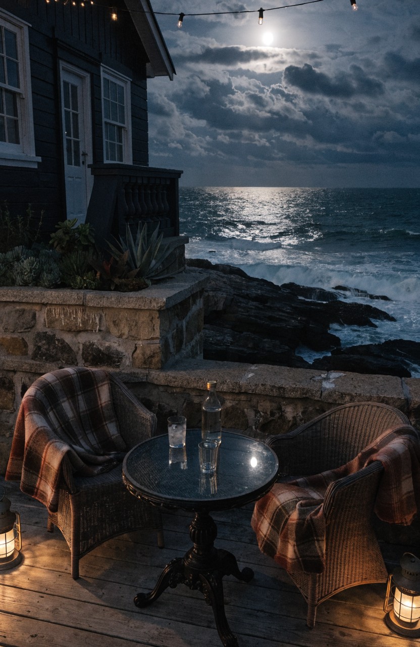 Nighttime view of dark shingled house exterior with balcony deck holding two plaid-blanket-draped wicker chairs around a small round table with glasses, flanked by lanterns, overlooking stone wall, rocky shore, and moonlit ocean.