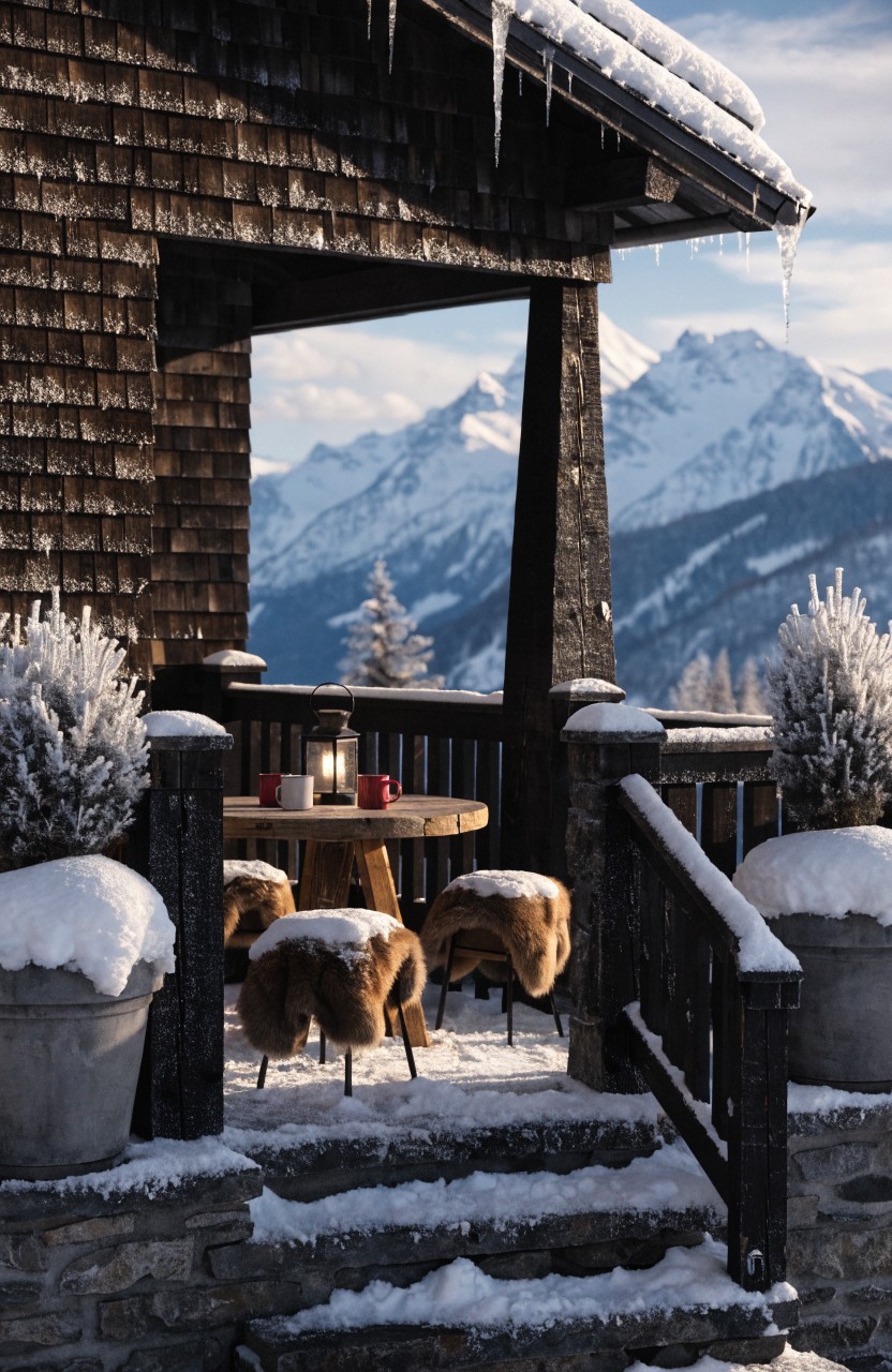 Cozy Balcony Dining with Fur Chairs