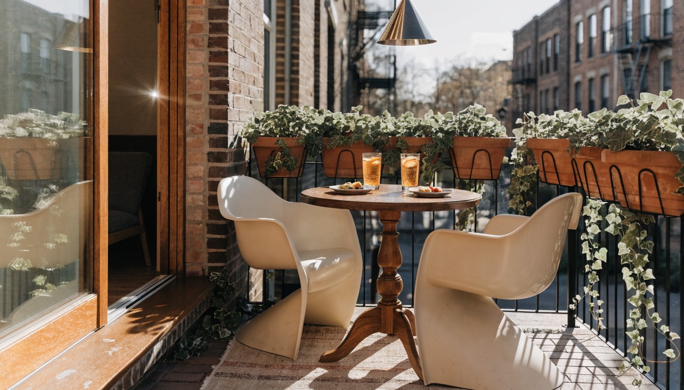 Small round wooden pedestal table with two glasses on a brick balcony, flanked by two white upholstered chairs, terracotta pots with greenery along the metal railing, and a hanging black conical lamp overhead.