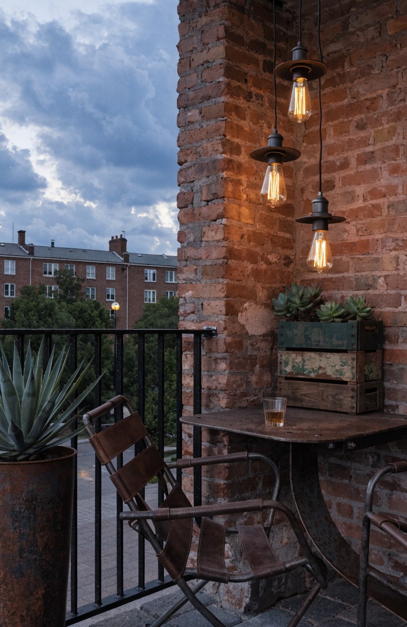 A small outdoor balcony dining setup with three black hanging pendant lights featuring exposed bulbs over a rustic metal table, wooden chairs, potted succulents in a crate, and a large agave plant against a brick wall and black railing.
