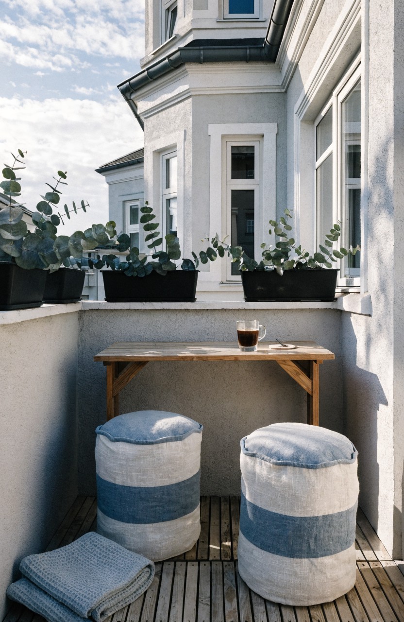 Small outdoor balcony with light gray house facade, wooden deck floor, black pots of eucalyptus plants along the ledge, wooden table holding a coffee cup, two blue and white striped poufs, and a gray blanket.