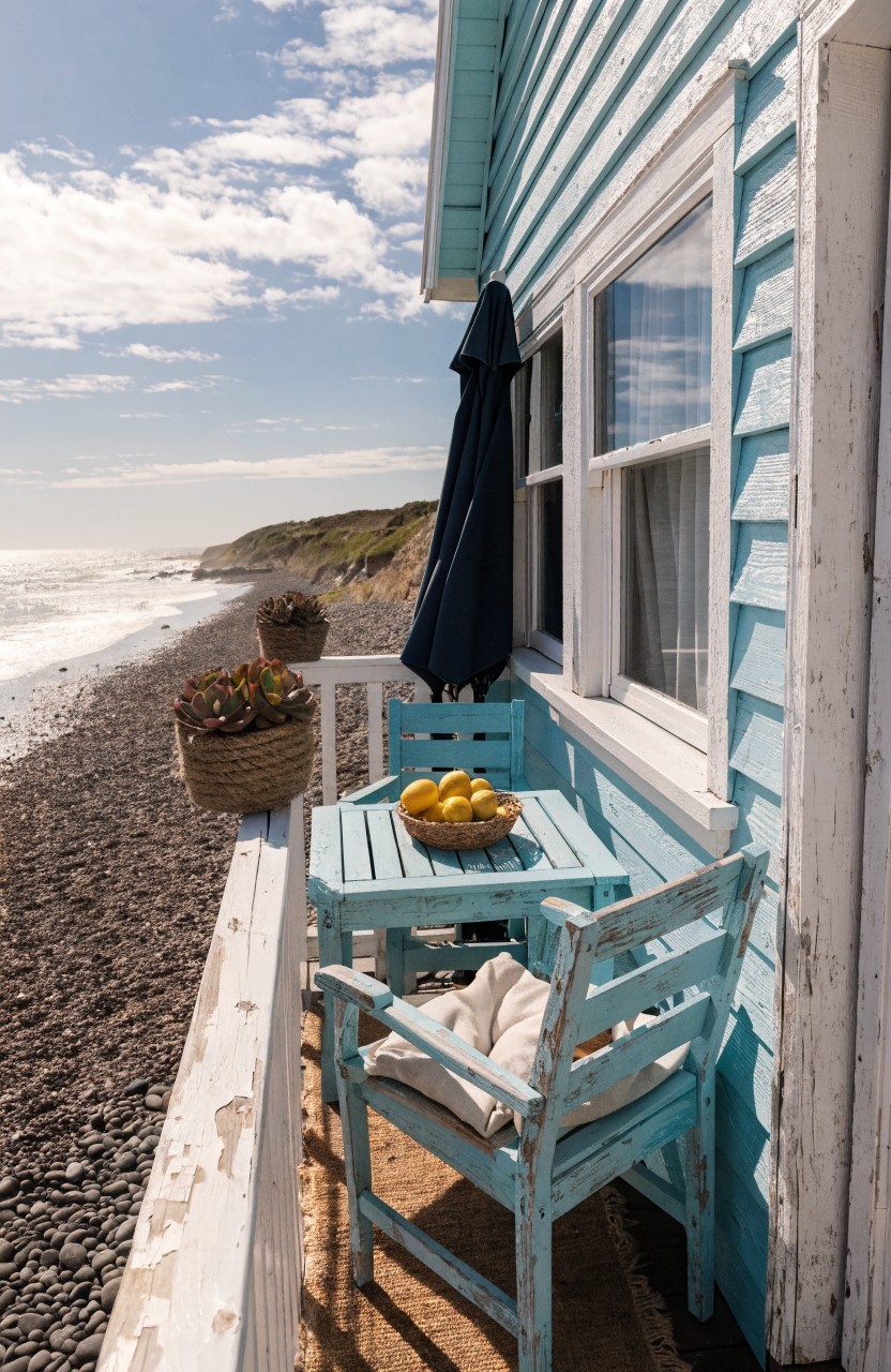 Turquoise clapboard house with narrow balcony holding blue table topped with bowl of lemons, two blue chairs, hanging flower baskets, and black umbrella, overlooking pebbly beach and ocean.