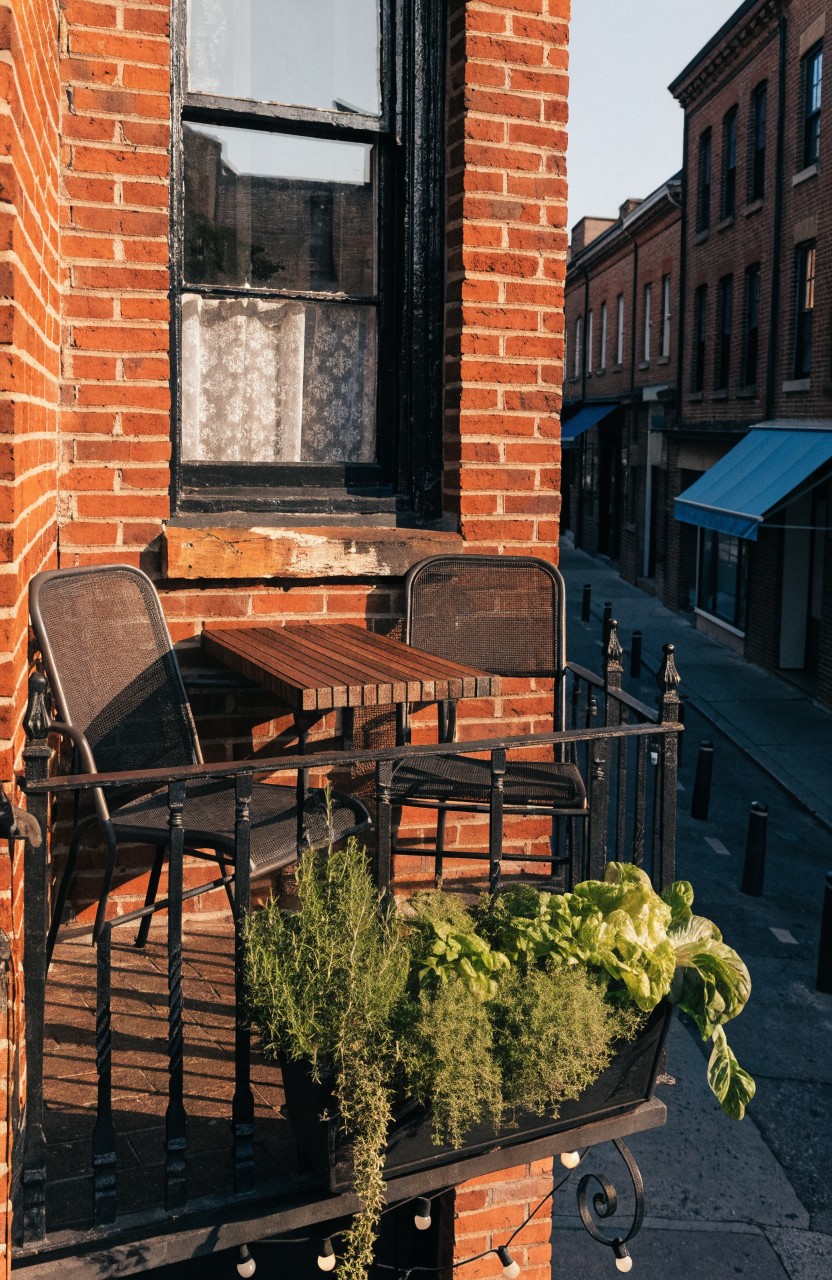 Corner balcony on a red brick building with two black mesh chairs around a wooden table, green trailing plants and leafy greens in planters on the black metal railing, overlooking a narrow urban street.