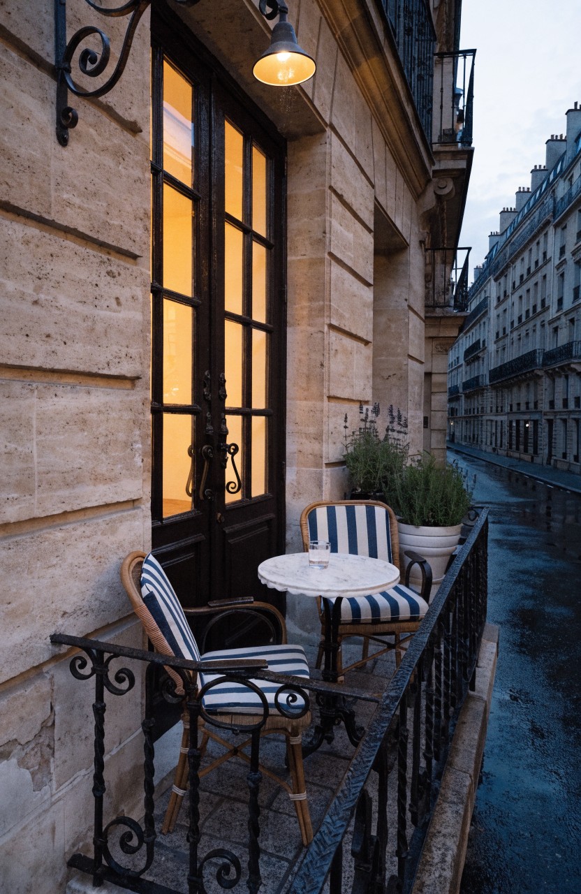 Narrow balcony on a beige stone building with open black-framed French doors, small round white table, two blue-and-white striped chairs, potted plants, wrought iron railing, and hanging wall lamp over a wet cobblestone street at dusk.