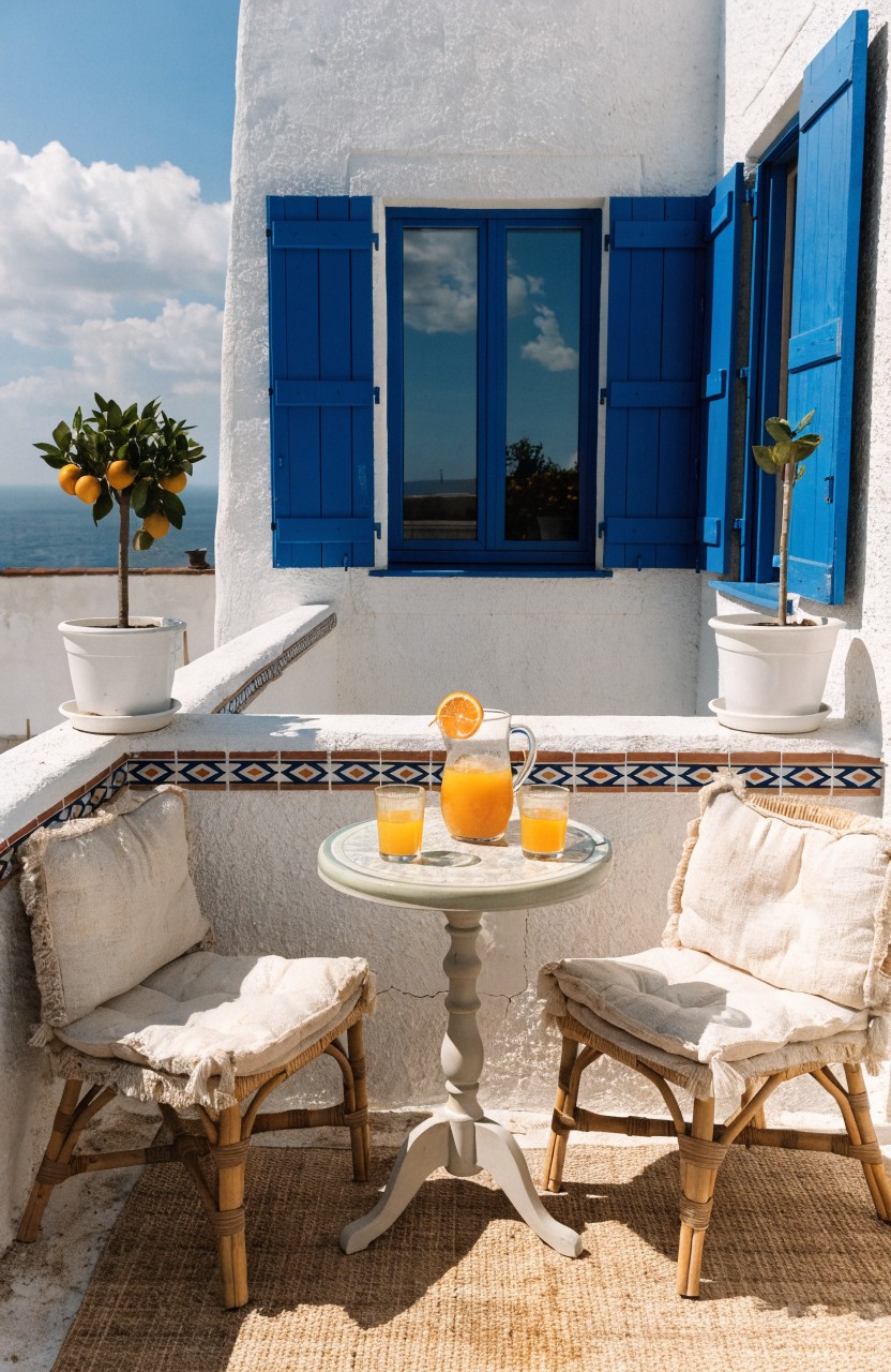 White stucco balcony corner with blue shutters on windows, small round pedestal table holding orange juice pitcher and glasses, two white cushioned rattan chairs, potted orange trees on sides, sea view beyond railing.