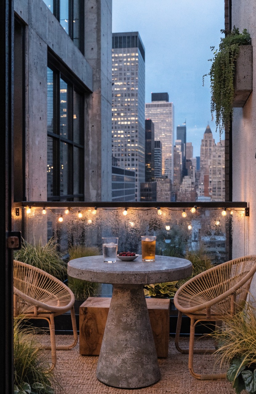 Small round concrete pedestal table with two rattan chairs on a balcony, surrounded by potted plants, string lights on glass railing, and city skyline view at dusk.