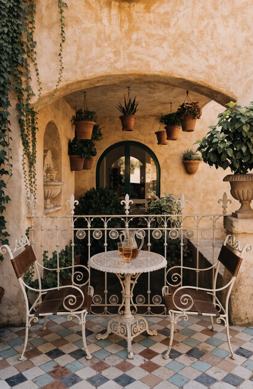 Small round wrought iron table with two matching chairs and glasses of amber liquid on a balcony featuring colorful checkered tile floor, white iron railing, ivy-covered stucco walls, hanging plants, and an arched green door.