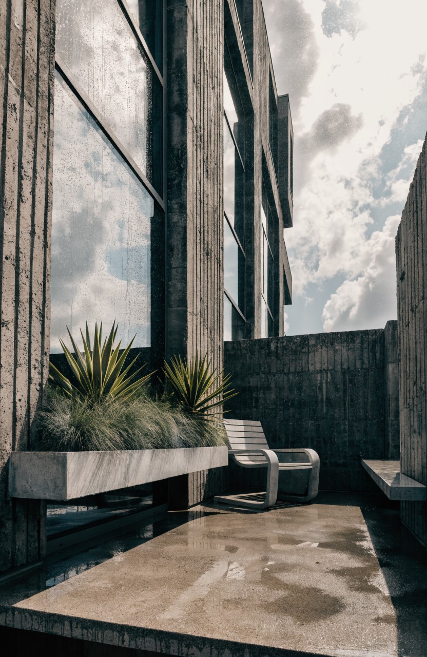 Concrete balcony with vertical walls, large reflective glass windows, rectangular edge planters filled with spiky green succulents and grasses, a white lounge chair, and wet pavement under a partly cloudy sky.