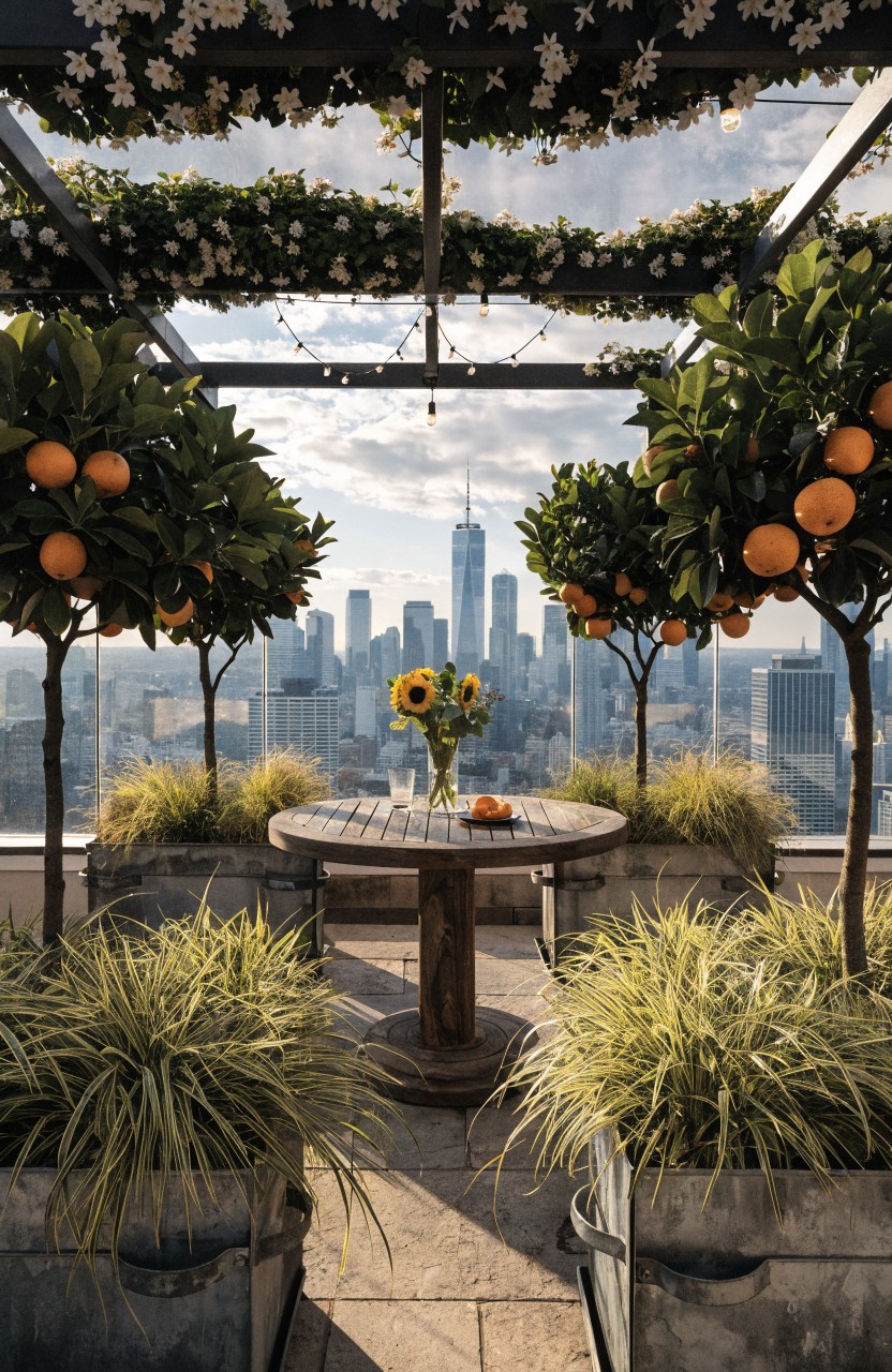 Rooftop balcony enclosed by pergola with potted orange trees on either side of a round wooden table holding a sunflower bouquet and orange slices, surrounded by grasses in metal planters, string lights overhead, and New York City skyline in background.