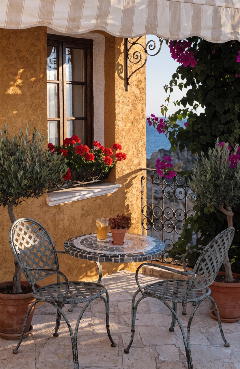 A small balcony on a yellow stucco wall with green metal cafe chairs and a round tiled table holding orange juice glasses and flowers, flanked by two potted olive trees in terracotta pots, red geraniums in a window box, bougainvillea vines, and wrought-iron railing overlooking the sea.