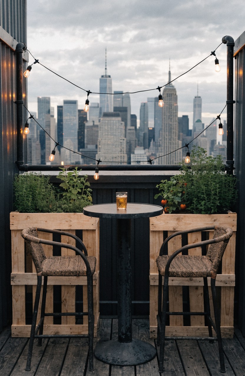 Rooftop balcony overlooking New York City skyline at dusk, with a small wooden table between two rattan bar stools on large wooden planter boxes filled with herbs and tomato plants, and string lights draped around the railing.