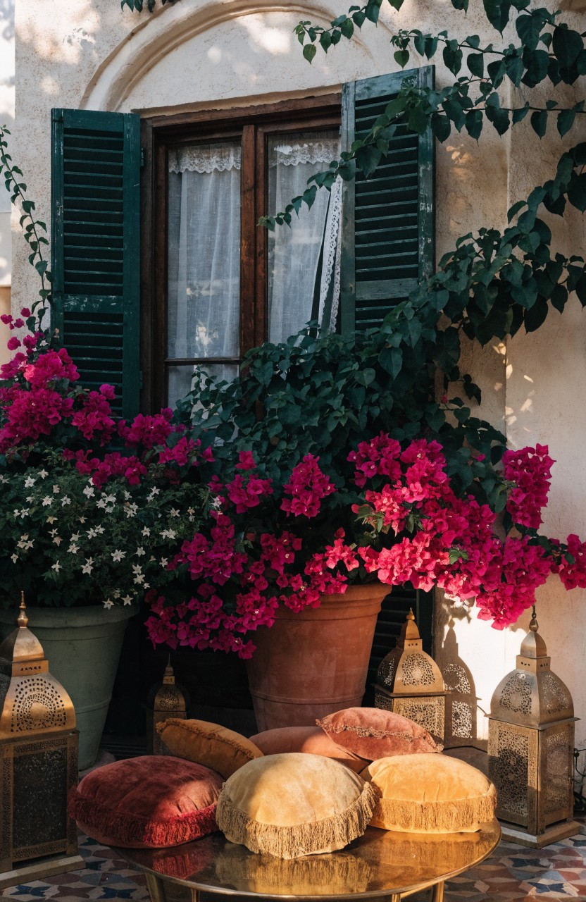 White stucco wall with arched green-shuttered window and climbing vines, large terracotta pots overflowing with pink bougainvillea flowers, colorful floor cushions, brass lanterns, and low brass table on patterned tile floor.
