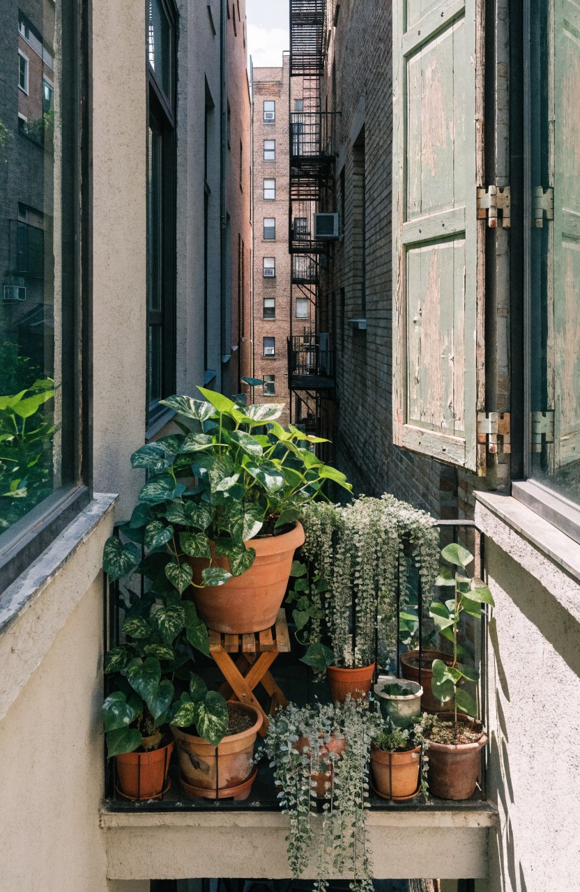 Narrow urban balcony ledge lined with multiple terracotta pots of trailing succulents, leafy plants, and potted greenery, between brick apartment buildings with fire escapes.