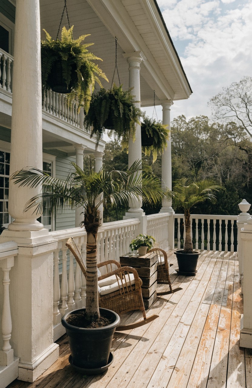 White columned porch balcony with multiple hanging fern baskets, potted palm trees in black pots along the railing, wooden rocking chair, potted plants, and wooden deck surrounded by trees under a partly cloudy sky.