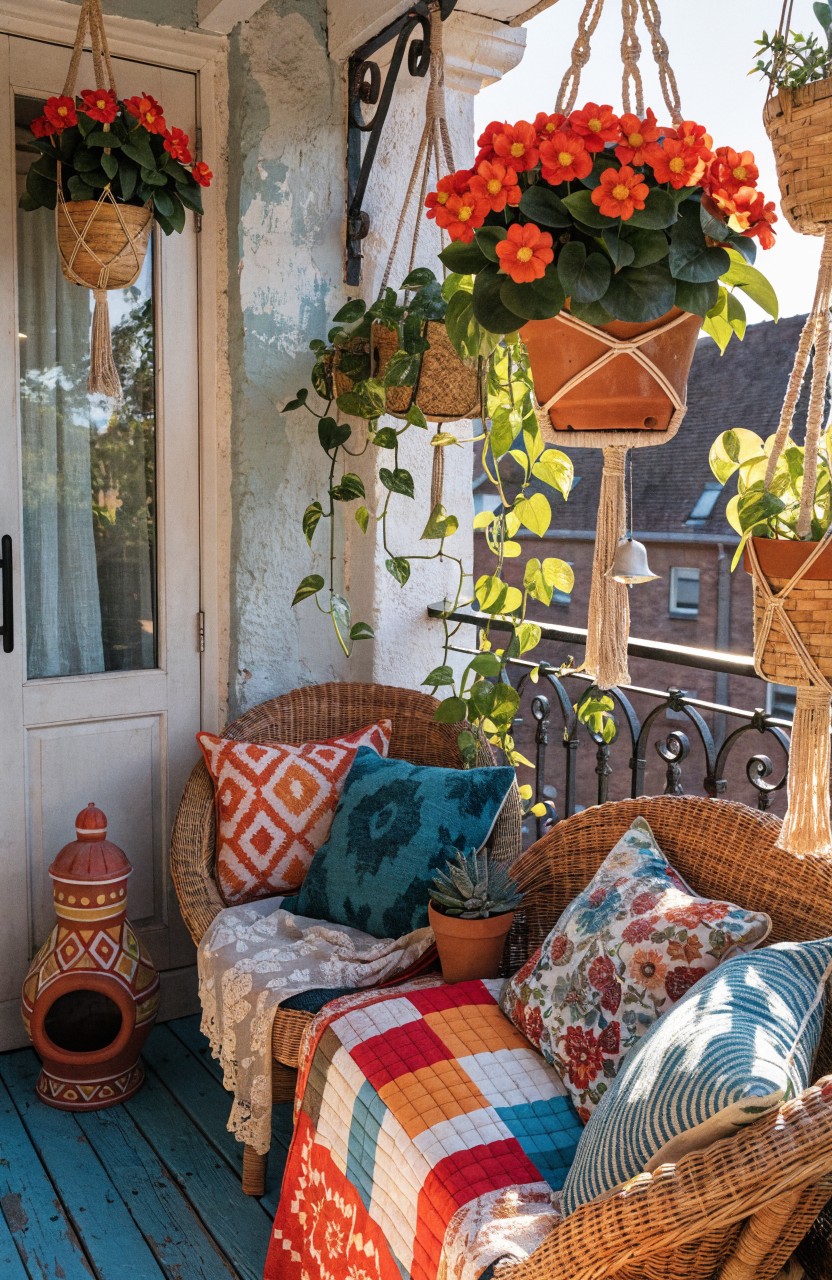 Small balcony deck in blue with two wicker chairs piled with colorful cushions and a checkered blanket, surrounded by numerous hanging plants in macrame holders including red geraniums, plus potted plants and a white door on a textured stucco wall.
