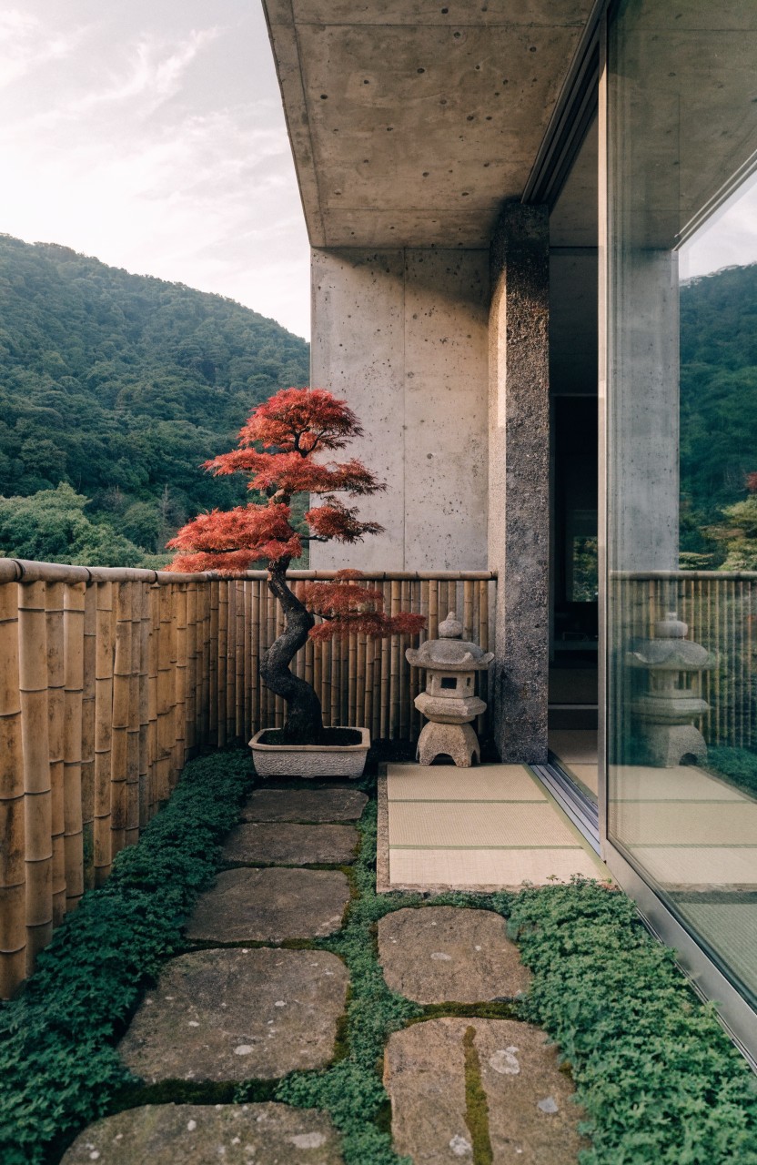 Modern concrete balcony featuring a large potted red Japanese maple tree, bamboo fencing, stone lantern, mossy stone path, and glass sliding doors with mountain view in background.