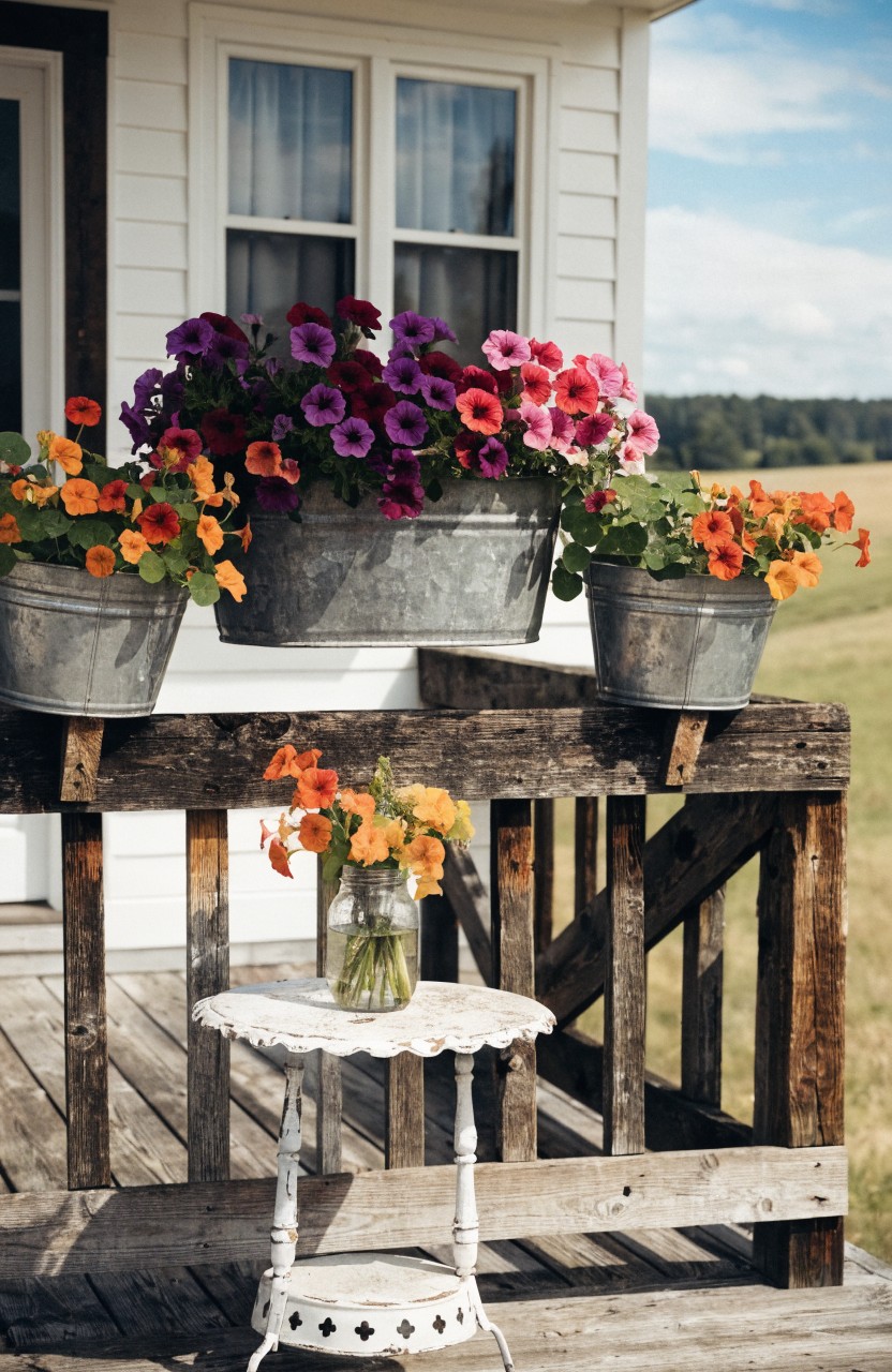 Wooden porch railing on a white house holding three galvanized metal buckets overflowing with purple, pink, and orange petunias, with a small white table and glass jar of orange flowers on the deck in front of a grassy field.