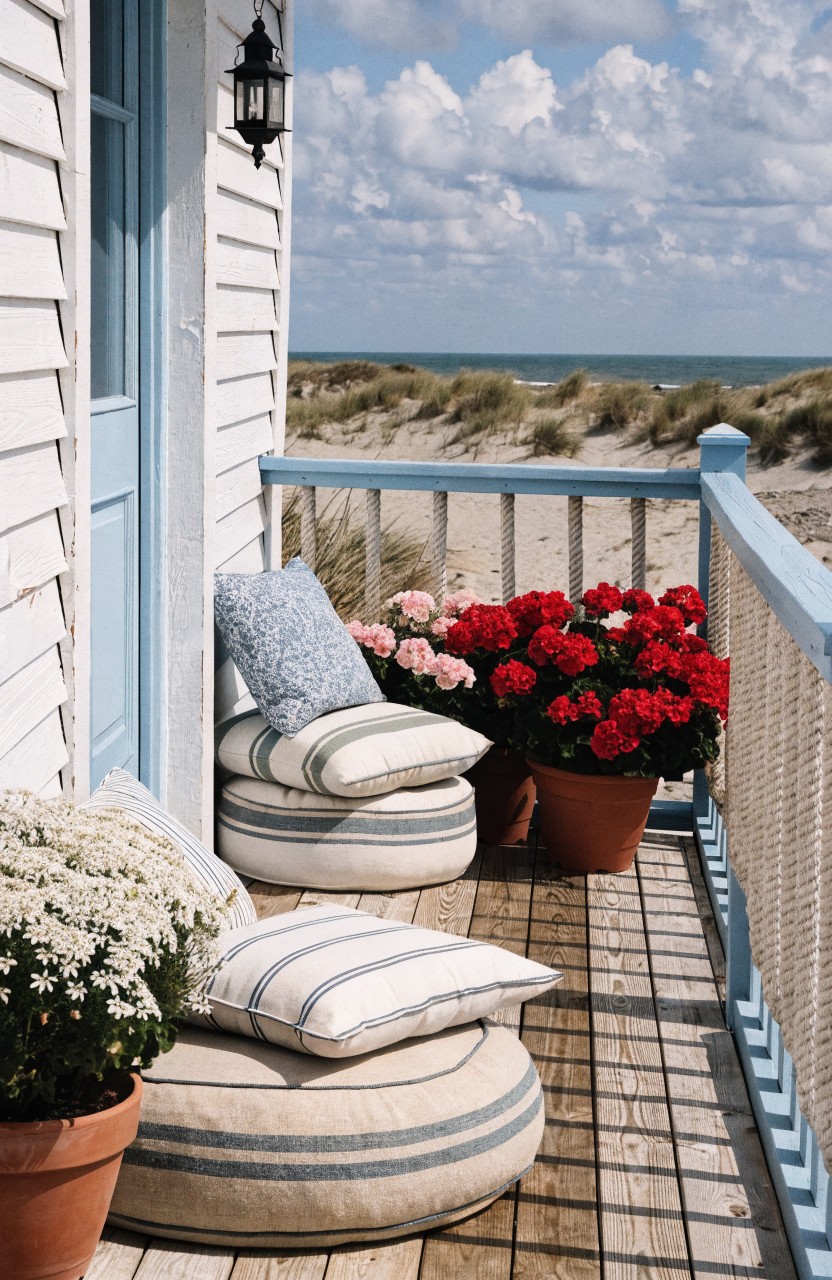 White clapboard beach house with blue door and balcony deck holding potted red geraniums, white flowers, cushioned seats and ottomans, sand dunes and ocean visible beyond blue railings.