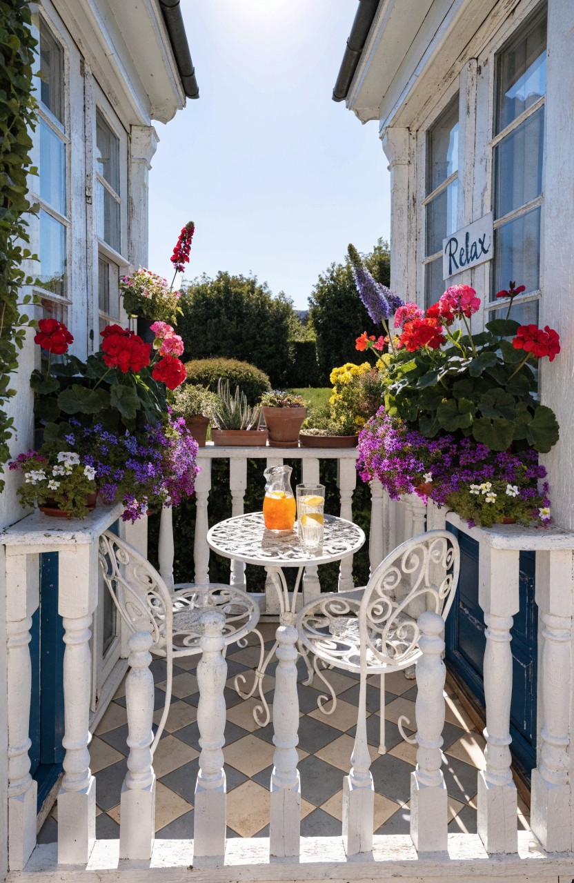 Narrow white balcony passageway with blue-trimmed railings lined on both sides with colorful potted plants including red geraniums, purple flowers, and greenery, featuring a small white wrought-iron table and two chairs with orange drinks in the center under a sunny sky.