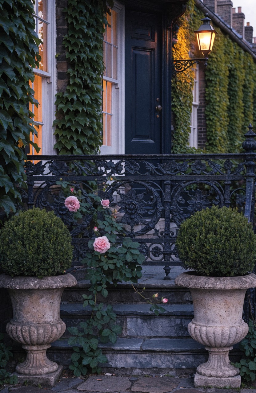 Topiary Urns Beside Balcony Steps