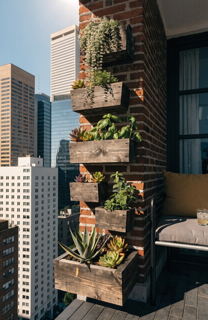 Brick exterior wall of a high-rise balcony with four stacked wooden planters containing succulents, aloe vera, and herbs, next to a lounge chair and overlooking city skyscrapers.