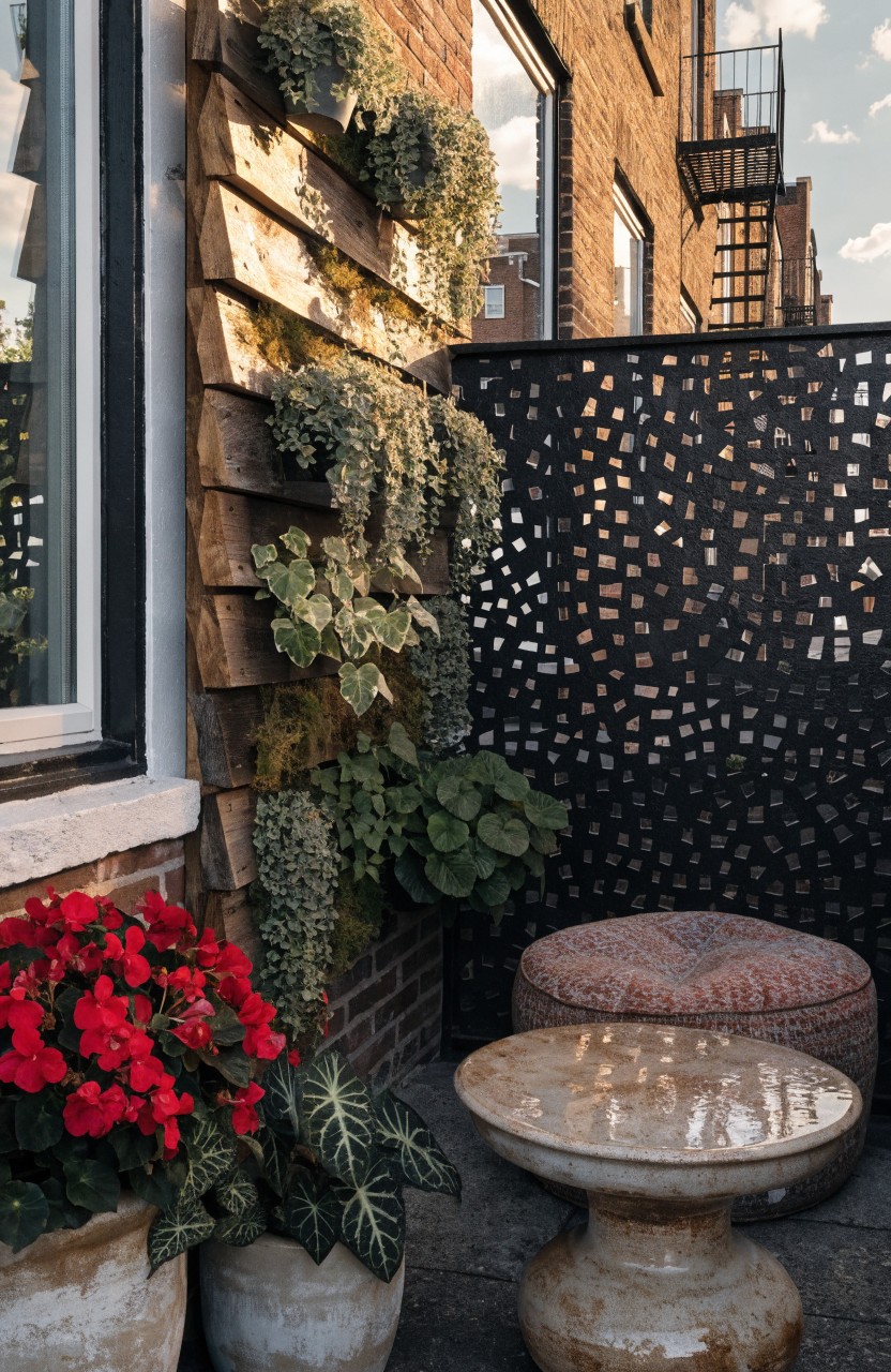 Balcony corner with wooden slats covered in trailing green plants, black perforated metal privacy screen, large terracotta pots of red geraniums and caladiums, small round table, and pouf seat against brick wall and window.