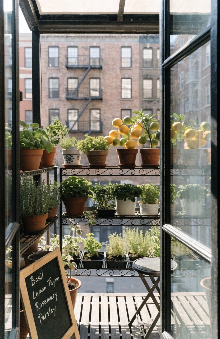 Glass-enclosed balcony with black metal tiered shelving holding terracotta pots of herbs, lemon trees, and other plants, plus a chalkboard sign, viewed from inside looking out to brick buildings.