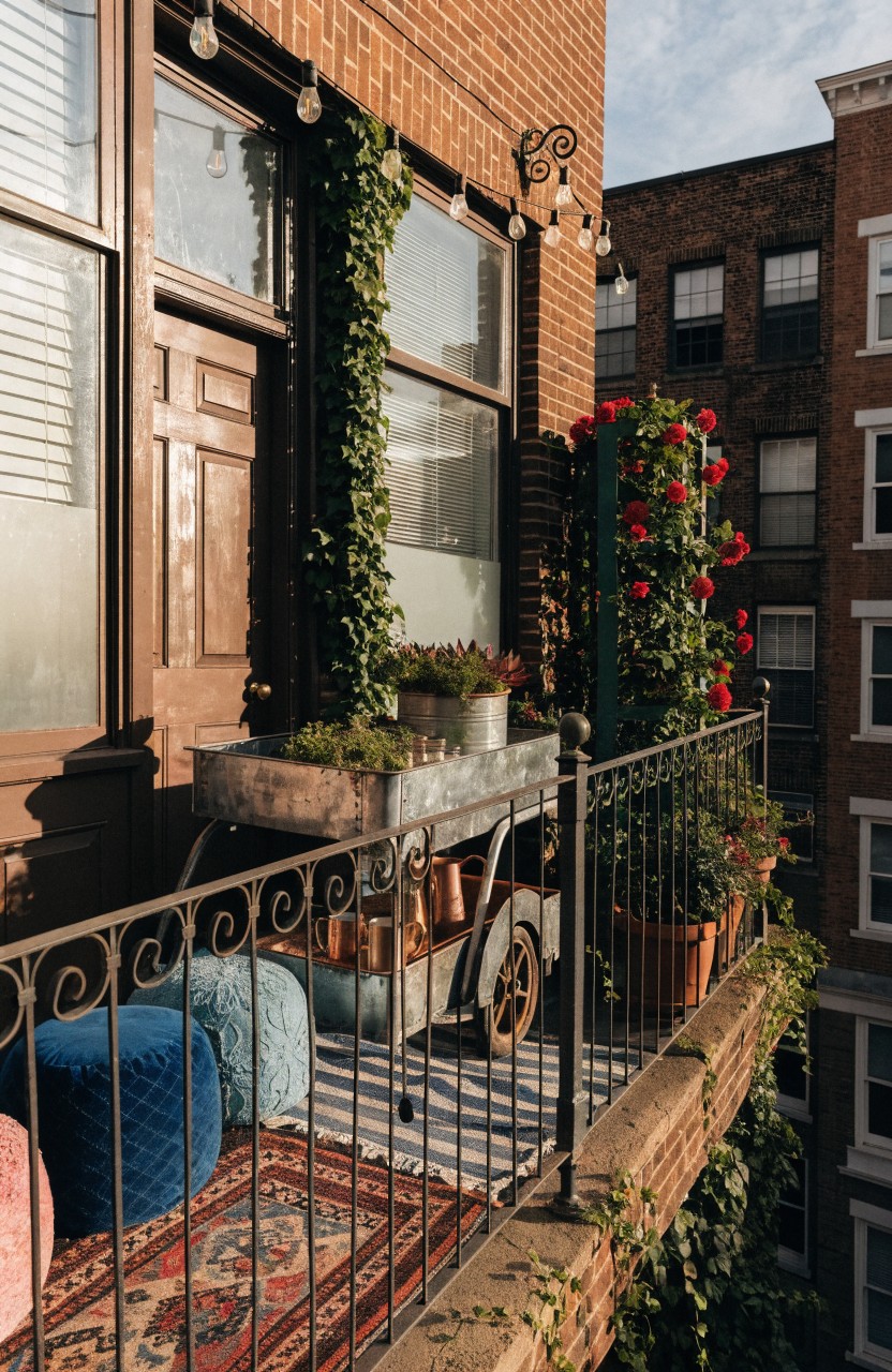 Brick apartment building balcony with ivy climbing walls and windows, red roses on green trellises, potted plants in a metal cart, blue and pink poufs, a patterned rug, and ornate metal railing.