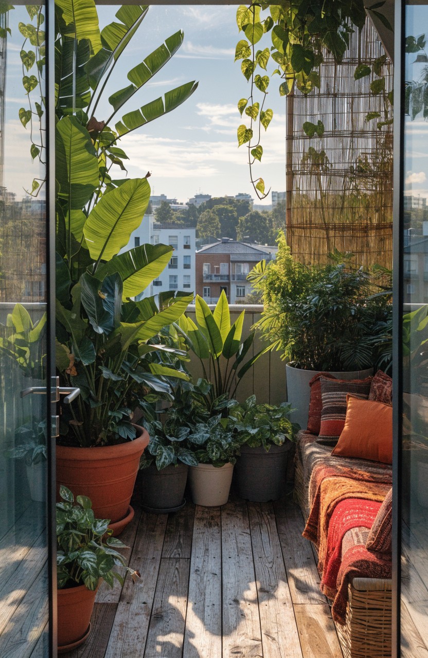 Open glass doors leading to a wooden balcony overflowing with large potted tropical plants including banana trees, a cushioned bench with pillows and blanket, and distant city buildings visible through the greenery.