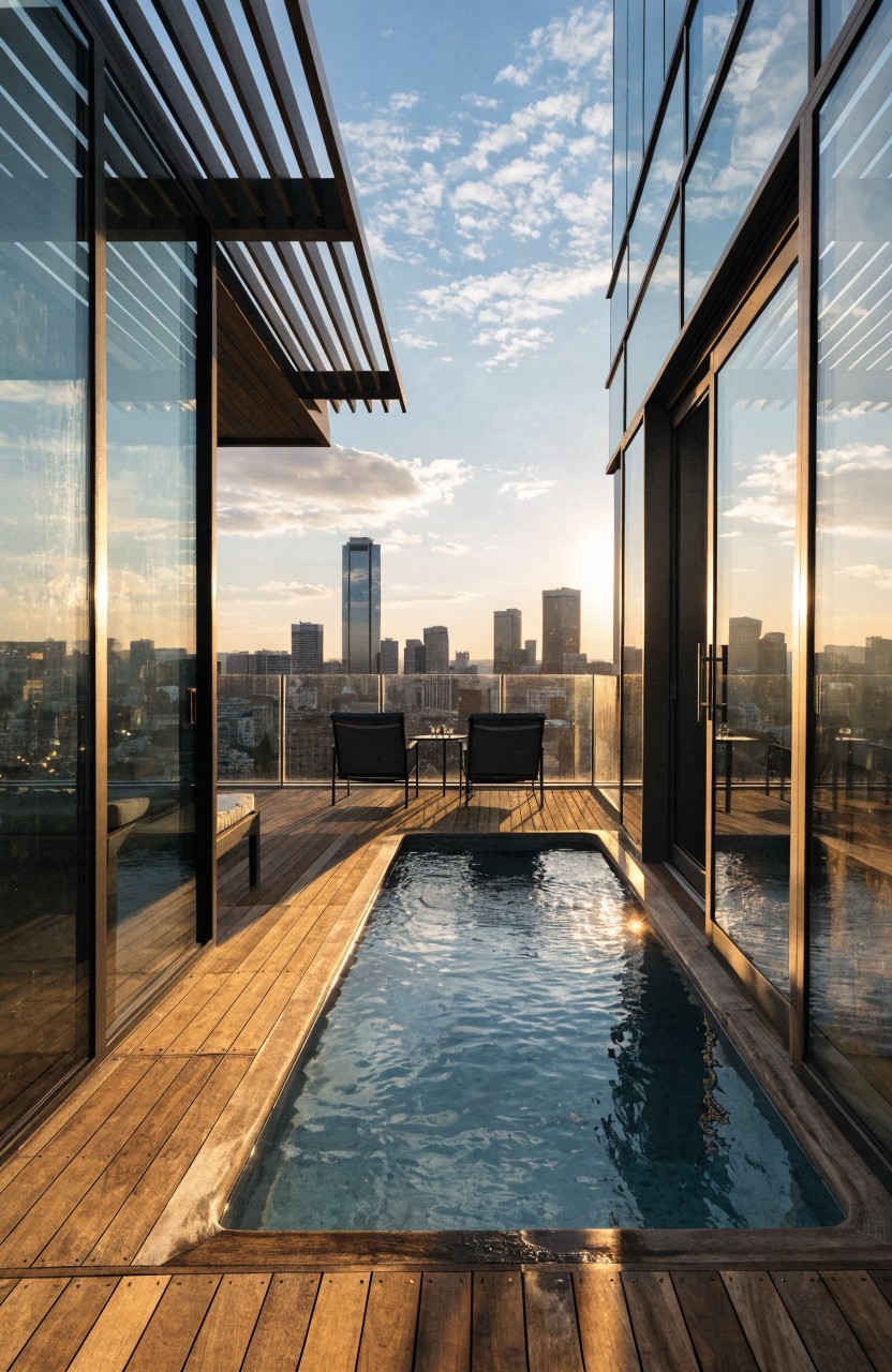 Modern apartment balcony with narrow rectangular pool edged by wooden decking, two lounge chairs, glass railings, large sliding glass doors, and city skyline view at sunset.