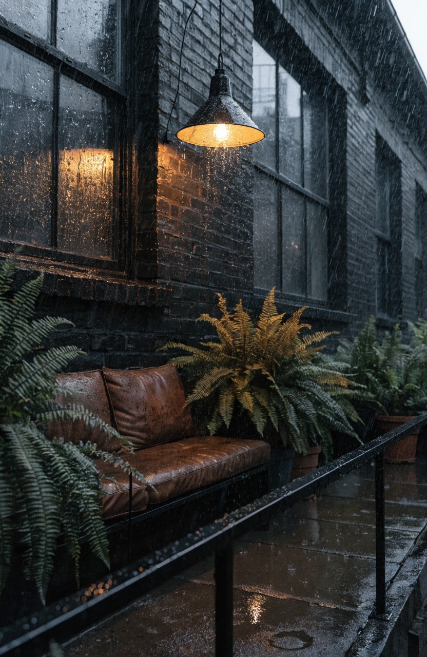 Black brick exterior wall with large windows in the rain, narrow balcony walkway with brown leather bench flanked by potted ferns, yellow pendant lamp hanging above, metal railing, and wet concrete surface.