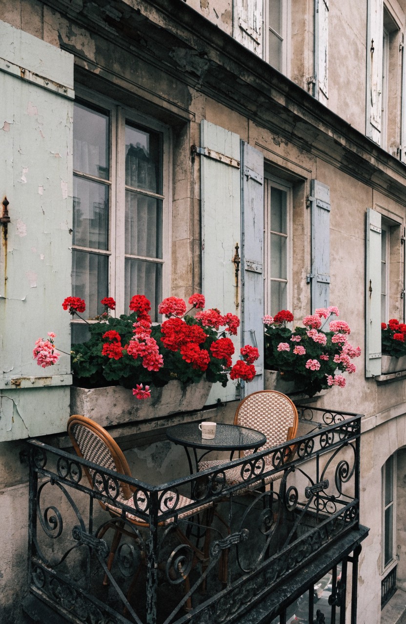 Narrow wrought-iron balcony on a beige stucco building with green shutters, holding two rattan chairs around a small glass-top table, red and pink geraniums overflowing from planters on the railing and window sills.