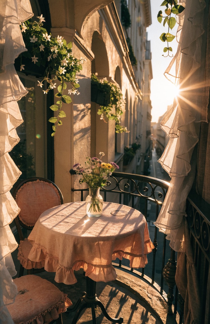 Small round table covered in a ruffled pink cloth with a vase of wildflowers on a black wrought-iron balcony, sheer white curtains hanging nearby, green plants cascading from baskets, arched beige building facade, narrow street below at sunset.