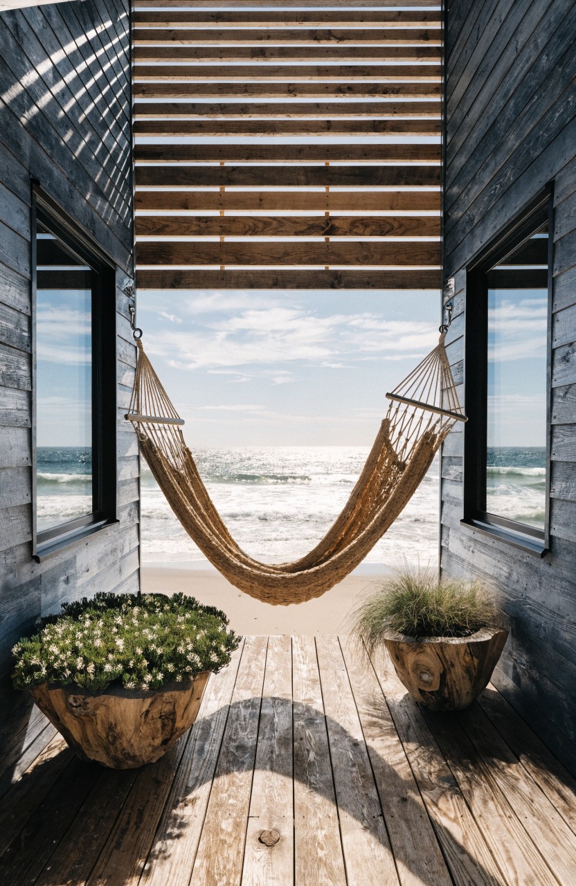 Dark wood balcony deck with yellow rope hammock stretched between posts, wooden slatted screens on sides, potted plants, and ocean view ahead.