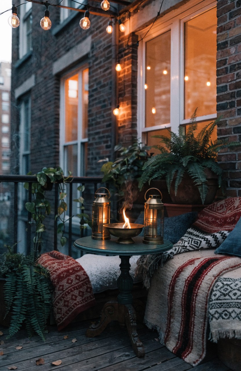Small apartment balcony on brick building with potted plants, round table holding lit lanterns, pillows and blankets on seating, and string lights overhead at dusk.
