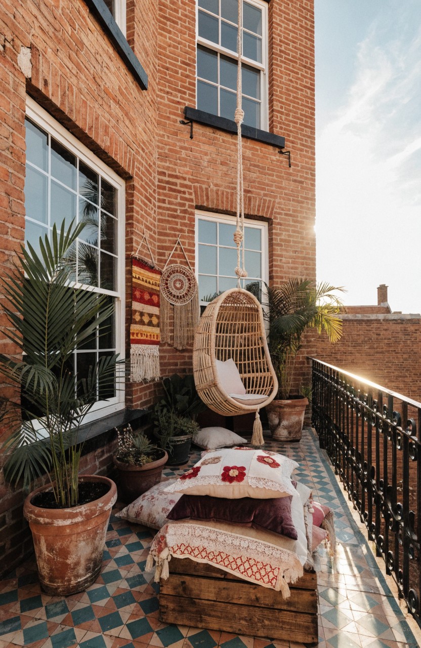 Brick apartment building corner with balcony featuring a hanging wicker swing chair with pillows and cushions, surrounded by potted plants, macrame wall hanging, and a wooden crate on checkered tile floor with black metal railing.