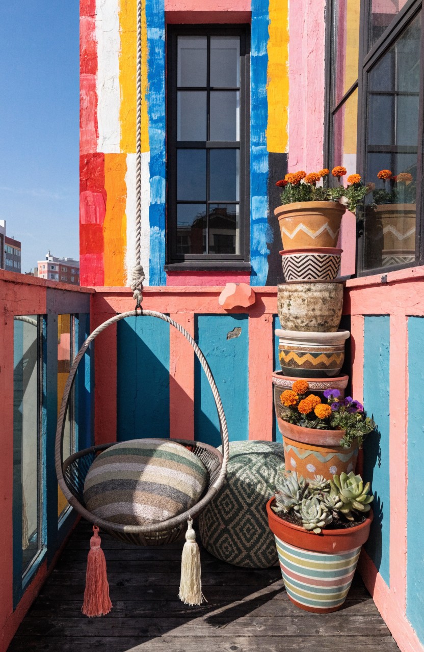 Apartment balcony featuring walls and railings painted in vertical multicolored stripes of pink, blue, yellow, and orange, with a hanging gray-striped swing chair, stacked patterned terracotta pots of plants, and wooden deck flooring.