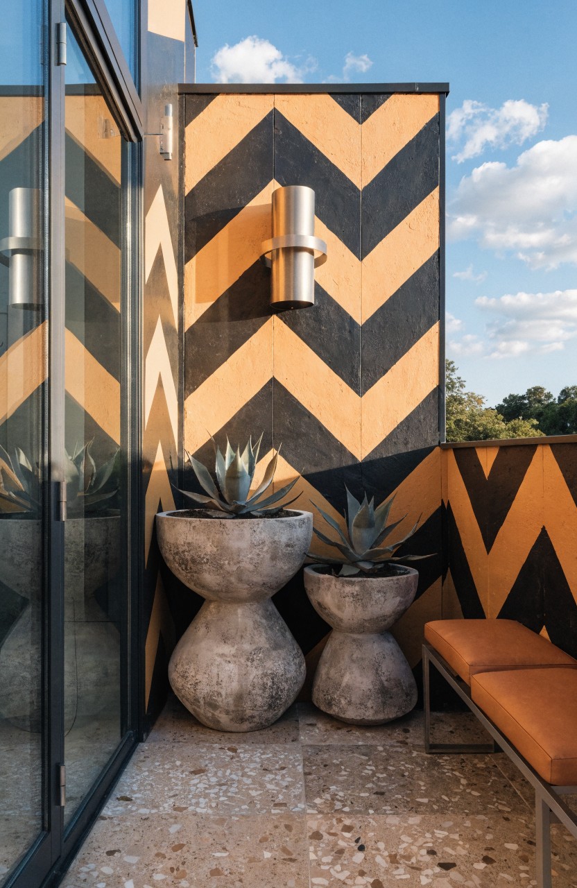 Balcony area with black and orange zigzag patterned wall, two large agave plants in concrete pots, wall-mounted lights, bench seating, glass doors, and stone flooring.