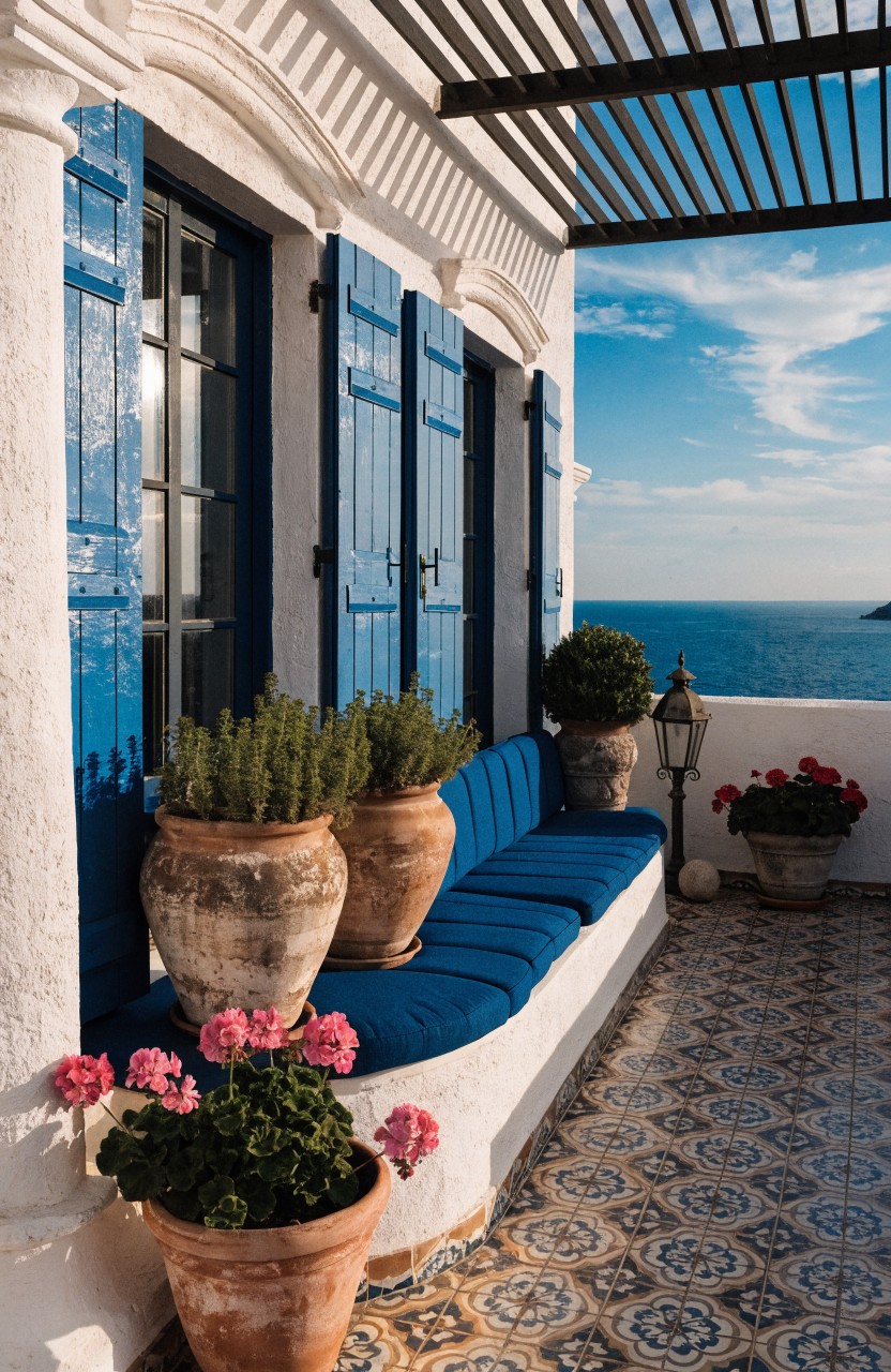 White stucco balcony wall with blue shutters on windows, built-in bench with blue cushions flanked by large terracotta pots with plants, blue sea in background.