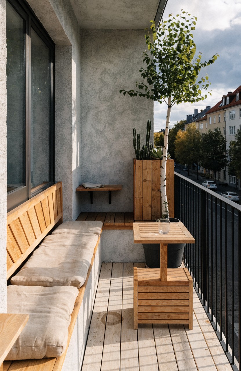 Apartment balcony with gray concrete walls, built-in wooden bench seat with beige cushions, wooden table and tall planters holding a birch tree and cactus, black metal railing, and view of street and buildings.
