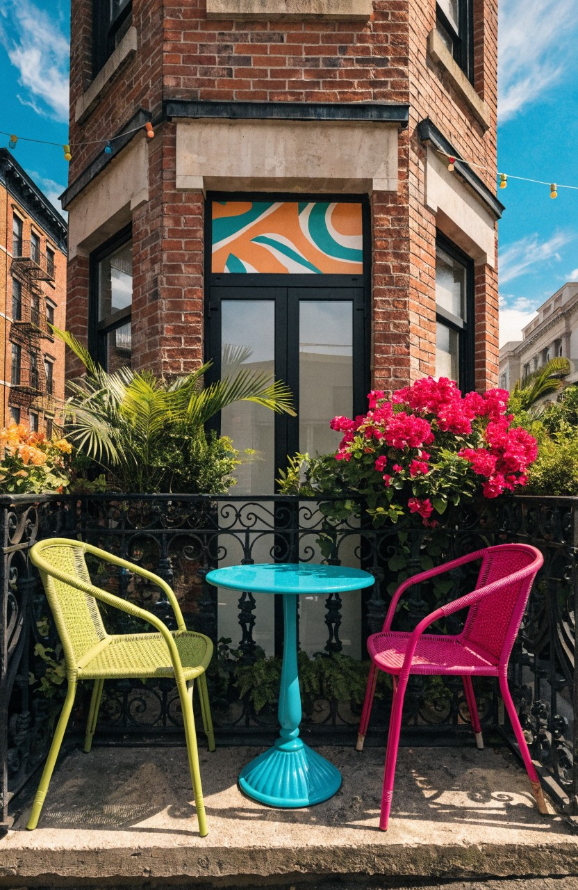 Corner view of a brick apartment building featuring a wrought-iron balcony with green and pink chairs around a turquoise table, potted plants, and colorful window accents.
