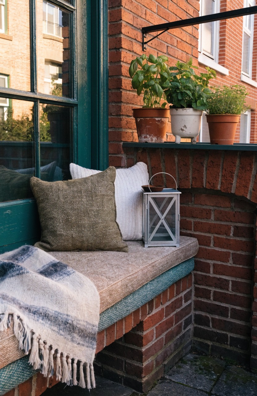 Green-framed window on a brick wall with a cushioned bench seat below holding pillows and a blanket, potted plants on the sill, and a white lantern nearby.