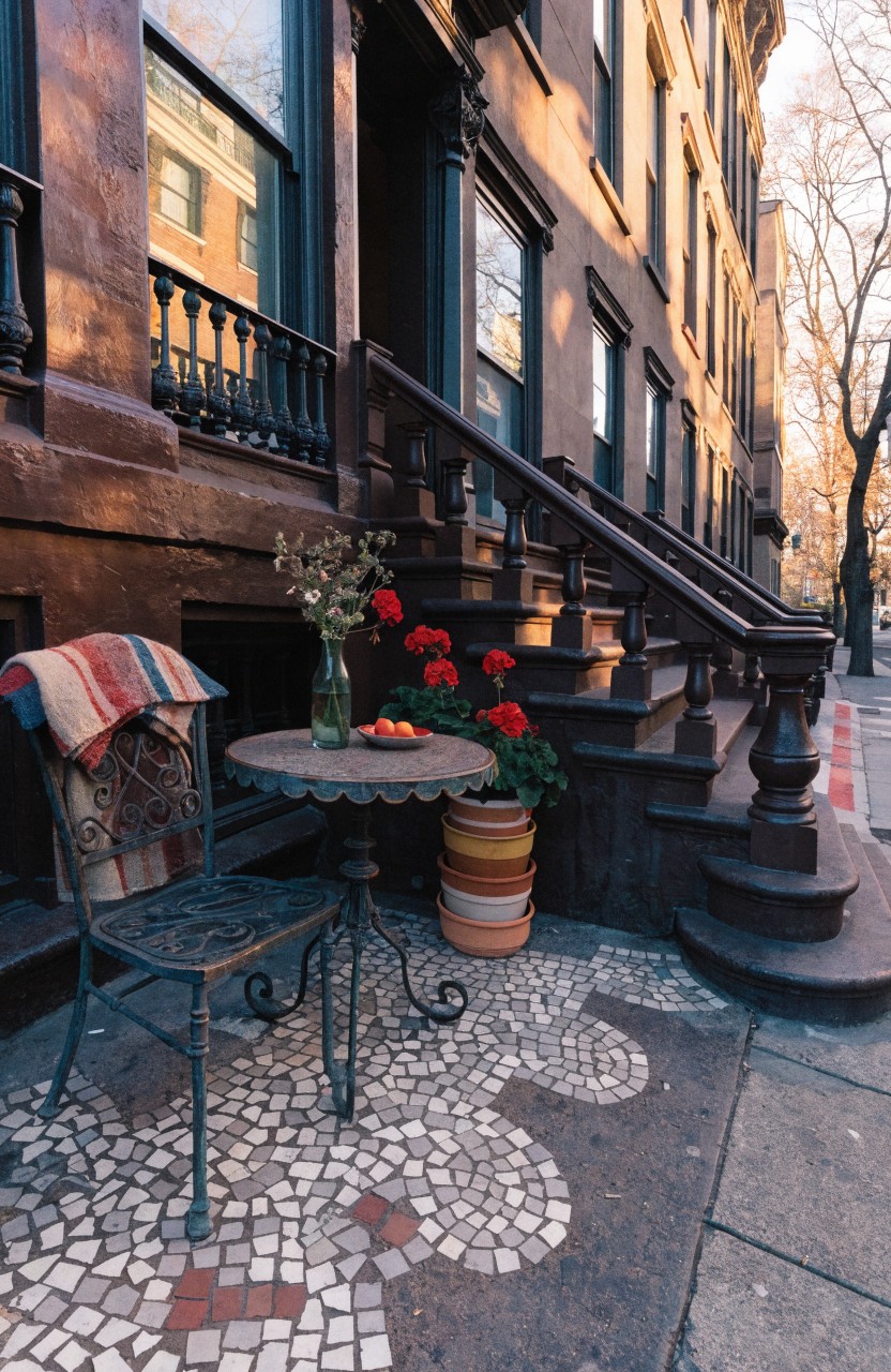 Brownstone front stoop with steps, featuring a small ornate metal table and chair holding a vase of flowers and fruit, potted geraniums nearby, a folded blanket on the chair, and mosaic tile pavement on the sidewalk.