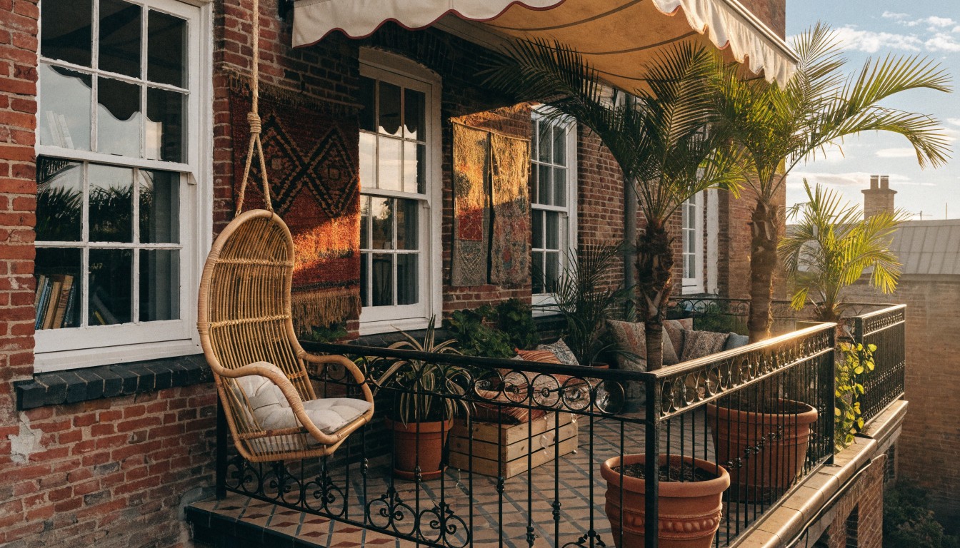 Brick apartment building corner with balcony featuring a hanging wicker swing chair with pillows and cushions, surrounded by potted plants, macrame wall hanging, and a wooden crate on checkered tile floor with black metal railing.