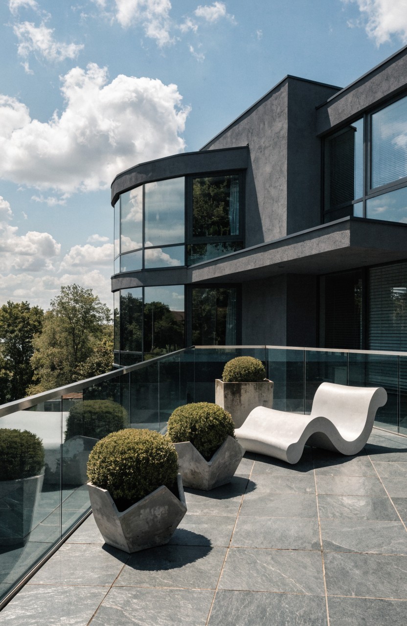 Modern gray house exterior with curved balcony terrace featuring glass railing, dark gray slate floor tiles, three large white pots with spherical trimmed green shrubs, a white curved lounge chair, and trees in the background under partly cloudy blue sky.
