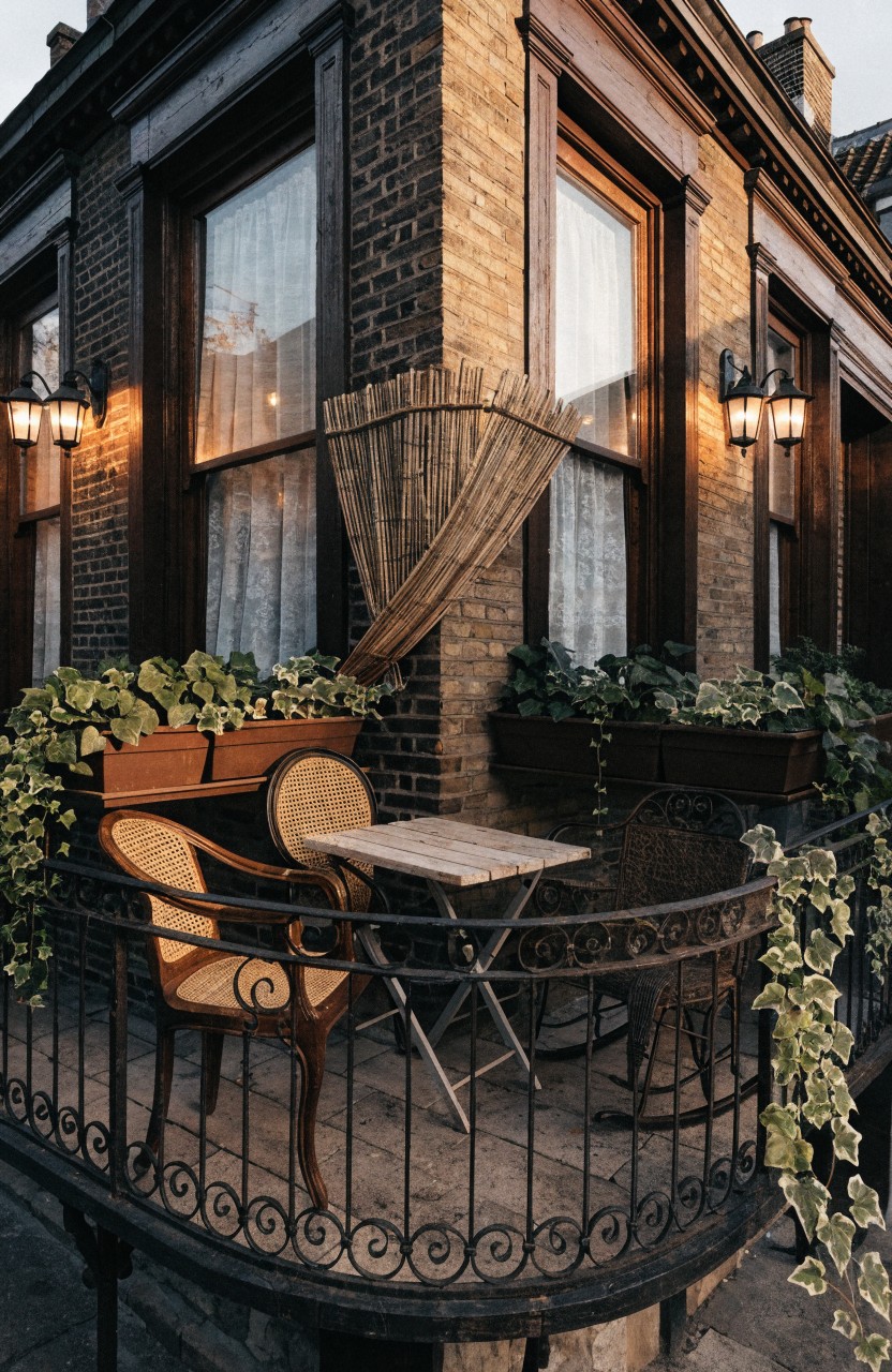 Corner view of a brick apartment building exterior featuring a wrought-iron balcony with two wicker chairs, a small metal table, hanging reed screens, ivy plants in planters along the railing, and wall-mounted lanterns.