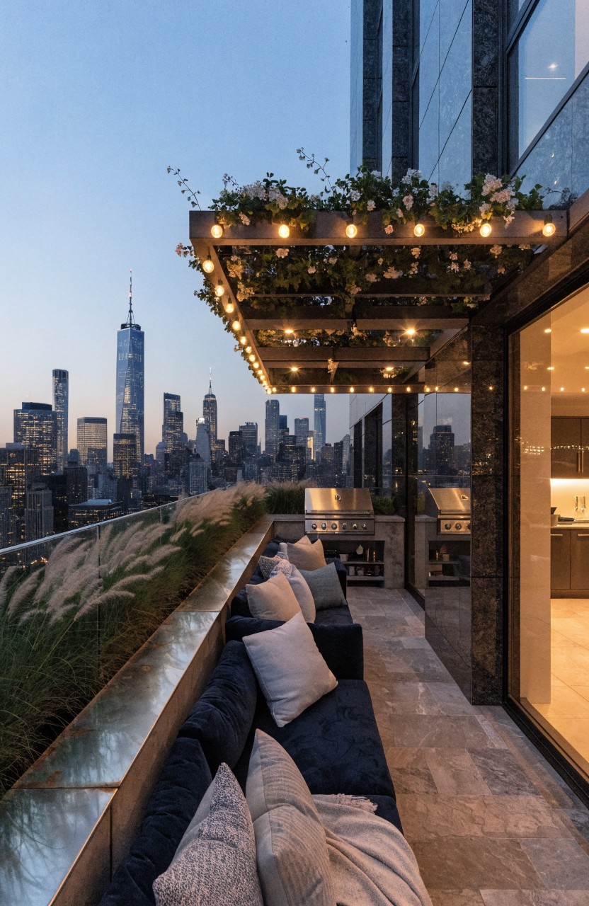 High-rise apartment balcony at dusk with black cushioned sofa, tall pampas grass planters along the edge, built-in grill, glass doors to interior, and overhead pergola draped in greenery with string lights, overlooking New York City skyline.