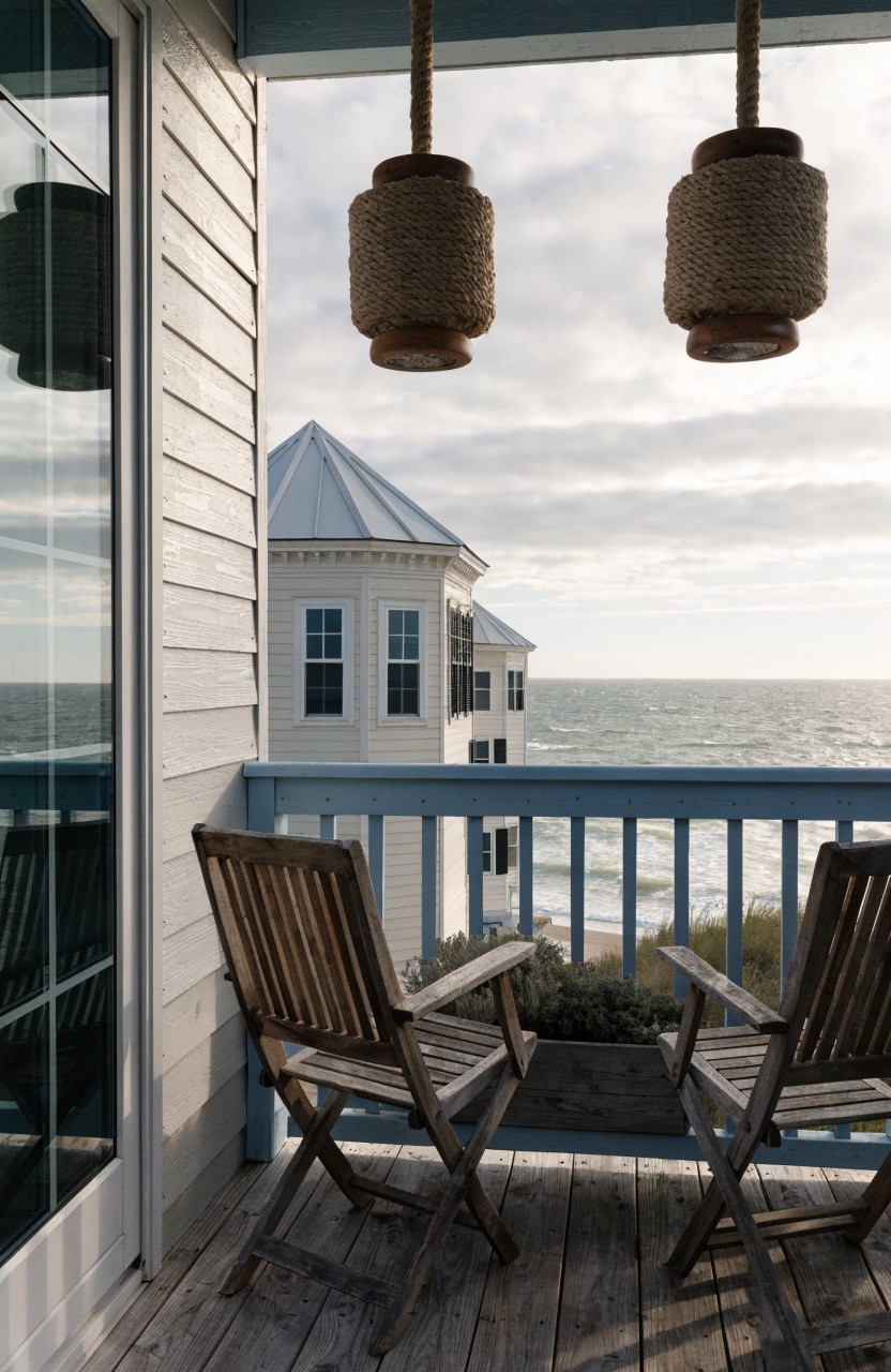 Wooden balcony deck with two Adirondack chairs facing the ocean, blue railing, rope-wrapped pendant lanterns hanging overhead, and a white clapboard house visible behind.