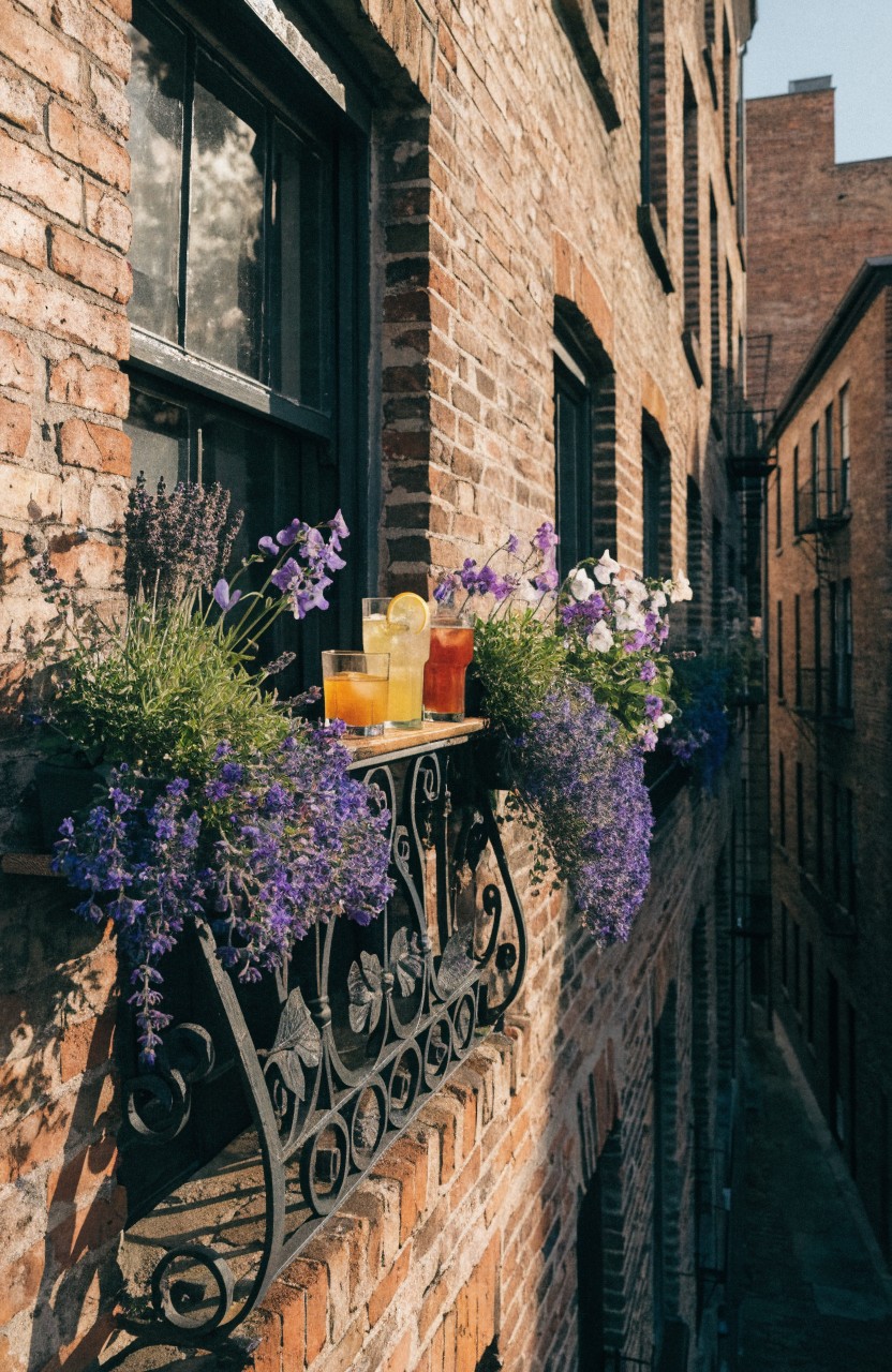 Brick apartment building exterior with black wrought iron balconies featuring purple lavender flowers cascading over the railings and orange drinks on a ledge.