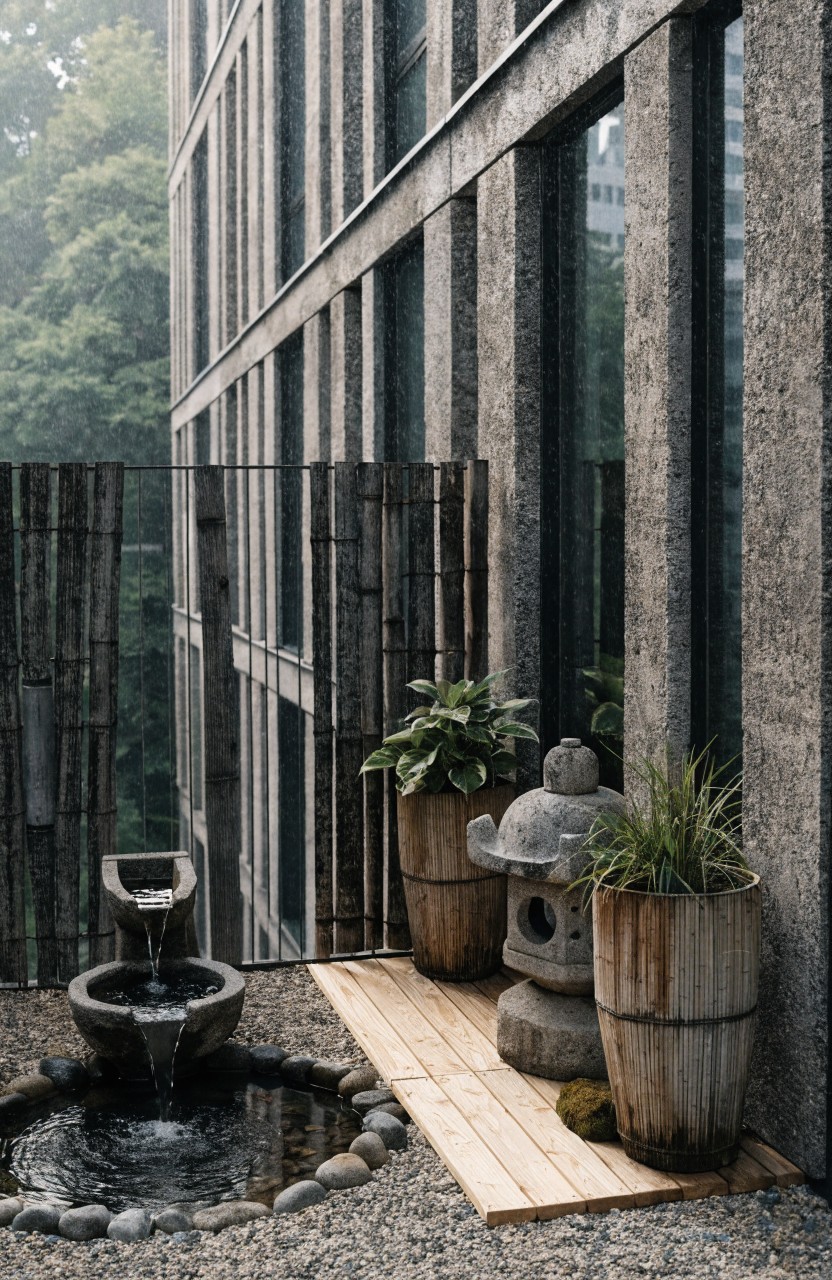 Apartment balcony against concrete and glass building walls with bamboo privacy screens, circular stone fountain surrounded by gravel, stone lantern, wooden deck platform, and potted plants in barrels.